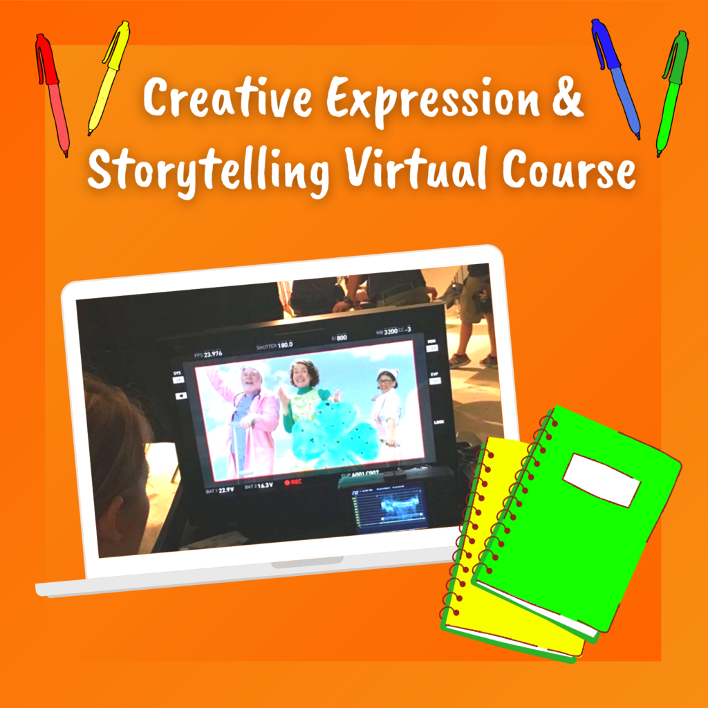 Creative Expression & Storytelling Virtual Course flyer with image of a Mo acting on a laptop screen. Beside the laptop are a green and yellow notebook.