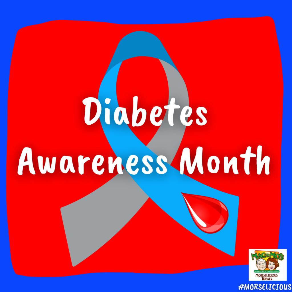 Diabetes Awareness Month. A blue and gray diabetes awareness ribbon with a drop of blood at one end.