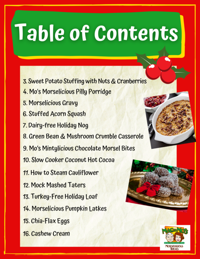 Table of contents for Mo's Holiday E-Cookbook. Photos of Sweet Potato Stuffing and Mintylicious Chocolate Morsel Bites.