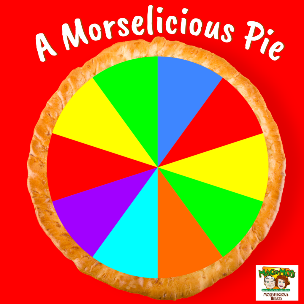 A Morselicious Pie. Photo of real pie crust with bright rainbow colored slices that represent parts of a healthy lifestyle.