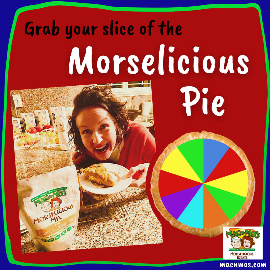 Grab your slice of the Morselicious Pie. Photo of Mo holding a slice of pie next to her Morselicious baking and cooking mix.