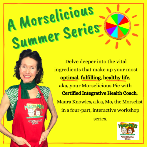 Photo of Mo in a red apron on a flyer for her Morselicious Summer Series Workshop.
