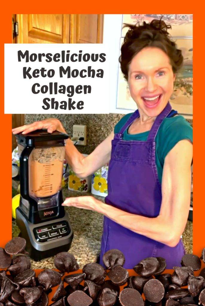 Mo posing next to her blender with text: Morselicious Keto Mocha Collagen Shake.