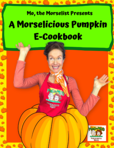 The cover of Mo's Morselicious Pumpkin e-Cookbook featuring Mo popping out of a pumpkin.