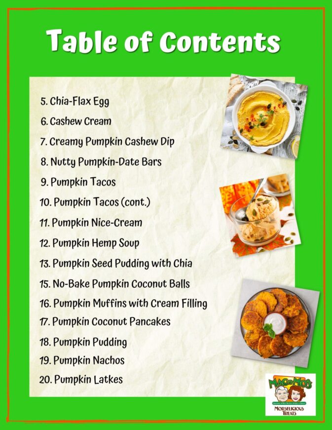 Table of contents for Mo's Pumpkin E-Cookbook. Photos of Creamy Pumpkin Cashew Dip, Pumpkin Nice-Cream and Pumpkin Latkes.